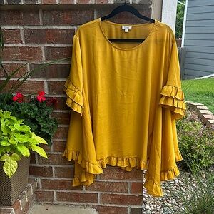 ODDY Ladies O/S Gold Bell Sleeve Blouse with Ruffled Asymmetrical Design